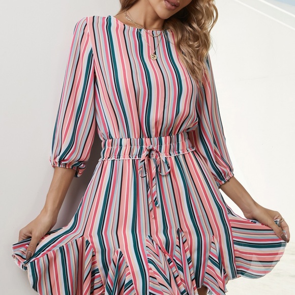 Striped Drawstring Waist Three-Quarter Sleeve Mini Dress - Picture 3 of 5